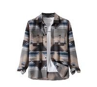 VIEWON Men's Casual Print Button Down Woolen Long Sleeve Lightweight Lapel Western Shacket Jacket Coat, Blue, S