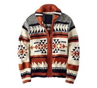VIEWON Men's Casual Tribal Aztec Print Western Ethnic Vintage Lapel Knitted Warm Long Sleeve Cardigan Sweater Jacket Coat, Red, XL
