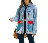 VIEWON Womens Aztec Print Shacket Jacket Western Long Sleeve Button Down Lightweight Casual Lapel Shirt Blouses Tops, Denim Blue, X-Large