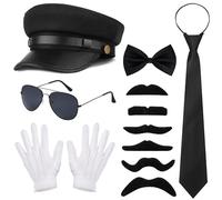 Vifcotlyp 6 Pcs Chauffeur Costume for Men and Women - Limo Taxi Driver Hat, Sunglasses, White Gloves, Fake Beard, Bow Tie, Necktie - 1980s Gangster Accessories for Cosplay Party