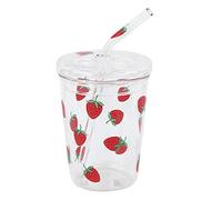 VIFERR Glass Cups, Heat-Resisting Clear Strawberry Pattern Coffee Juice Drinking Water Glass Cup with Straw Lid for Smoothies, Tea, Cola, Juice, Soda