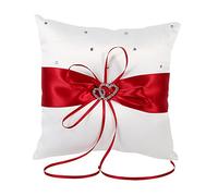 VIFERR Wedding Ring Pillow, Double-Heart Ring Cushion Satin Bowknot Ring Bearer Holder Pillows for Wedding Party Ceremony Decoration Gift (20 x 20cm)(Red)