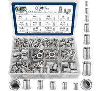 Vifmy Metric & SAE Rivet Nut Assortment Kit(300 Pcs),m3 m4 m5 m6 m8 m10 m12#8-32#10-24 1/4"-20 5/16"-18 3/8"-16 304 Stainless Steel Rivnut Set,UNC Flat Head Nutsert