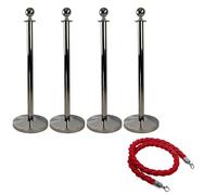 Vigil VIP Rope Barrier Posts - Set of 4 & Twisted Rope x 3 - Silver