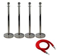 Vigil VIP Rope Barrier Posts - Set of 4 & Velvet Rope x 3 - Silver
