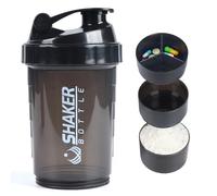 VIGIND Protein Shaker Bottle,Leak Proof Sports Water Bottle for Protein Mixer- Non Slip 3 Layer,16 oz Shake Cup with Pill Tray Storage (Black)