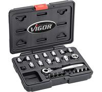 Vigor Set (6.3 mm (1/4 inch) Square Drive, Super Flat Reversible Ratchet, 20 mm Flat, Various Socket Wrenches and bits, 25 Pieces, V5202, Black