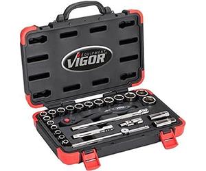 ViGOR Socket Spanner Set V2460N, 25 Pieces, 1/2 Inch Square Drive, External Hexagonal Profile, Sizes 10-32 mm, for Manual Operation