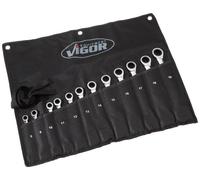 Vigor V1031 Ratcheting Combination Wrench Long Style Set | Output, outer profile, double hexagon, outer profile hexagon, chrome-plated, polished, 1745 g, roll bag, long design