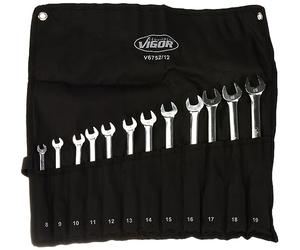 Vigor V6752/12 Ratchet Ring Spanner Set (Double Joint, Fine Toothed Ratchet Mechanism on The Ring Side 12 Pieces in Practical Rolling Bag) Silver