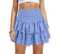 Vigorics Women's High Waist Ruffle Mini Skirt Cute Tiered Short Skirt with Shorts Underneath, Blue Floral, Small