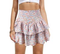 Vigorics Women's High Waist Ruffle Mini Skirt Cute Tiered Short Skirt with Shorts Underneath, White Flower, S