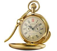 VIGOROSO Mechanical Hand-Wind Pocket Watch for Men, Half Hunter Double Covers, Arabic No.& Red 12, Retro