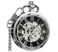 VIGOROSO Mens Classic Steampunk Pocket Watch with Chain Skeleton Hand Wind Mechanical Pocket Watches for Men & Women, Silver & Roman No., Pocket watch