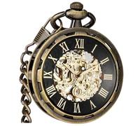 VIGOROSO Mens Classic Steampunk Pocket Watch with Chain Skeleton Hand Wind Mechanical Pocket Watches for Men & Women, Bronze & Roman No., Pocket watch