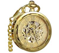 VIGOROSO Mens Classic Steampunk Pocket Watch with Chain Skeleton Hand Wind Mechanical Pocket Watches for Men & Women, Gold & Roman No., Pocket watch
