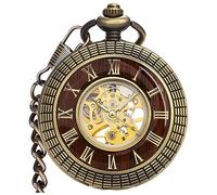 VIGOROSO Men's Hand-Wind Mechanical Pocket Watch Vintage Steampunk Wood Grain Hollow Design with Chain and Box, Bronze Roman, pocket watch