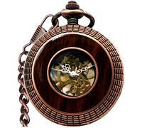 VIGOROSO Men's Hand-Wind Mechanical Pocket Watch Vintage Steampunk Wood Grain Hollow Design with Chain and Box, Rose Gold, Retro