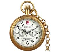 VIGOROSO Men's Vintage Full Copper Hand-Wind Mechanical Second&24hours Sub-dials Pocket Watch in Box, Gold & Arabic