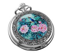 VIGOROSO Quartz Beautiful Peony Bird Enamel Painting Steampunk Silver Pocket Watches in Box