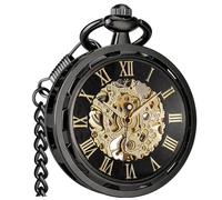 VIGOROSO Vintage Pocket Watch with Chain Mechanical Pocket Watches for Men, Black & Roman No., Retro