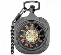 VIGOROSO Vintage Pocket Watch with Chain Mechanical Pocket Watches for Men, Square Black, Retro