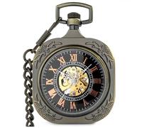 VIGOROSO Vintage Pocket Watch with Chain Mechanical Pocket Watches for Men, Square Bronze, Retro