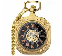 VIGOROSO Vintage Pocket Watch with Chain Mechanical Pocket Watches for Men, Square Gold, Retro
