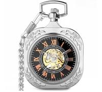 VIGOROSO Vintage Pocket Watch with Chain Mechanical Pocket Watches for Men, Square Silver, Retro