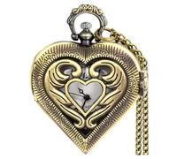 VIGOROSO Women's Pocket Watch, Analog Display, Quartz Movement, Silver Stainless Steel, Heart Pendant Necklace, Unisex Accessory, Valentines Day Gifts, Bronze Open Heart, Antique,retro,classic