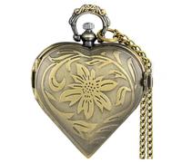VIGOROSO Women's Pocket Watch, Analog Display, Quartz Movement, Silver Stainless Steel, Heart Pendant Necklace, Unisex Accessory, Valentines Day Gifts, Bronze Floral Heart, Antique