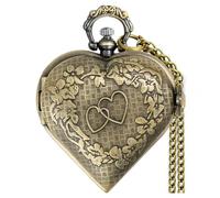 VIGOROSO Women's Pocket Watch, Analog Display, Quartz Movement, Silver Stainless Steel, Heart Pendant Necklace, Unisex Accessory, Valentines Day Gifts, Bronze Double Heart, Retro