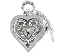 VIGOROSO Women's Pocket Watch, Analog Display, Quartz Movement, Silver Stainless Steel, Heart Pendant Necklace, Unisex Accessory, Valentines Day Gifts, Silver Open Heart, Antique,retro,classic