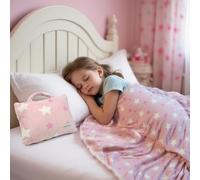 VigorSpring Travel Pillow and Blanket Set for Kids, Pink Star Print, Compact Portable Design for Car, Train and Airplane