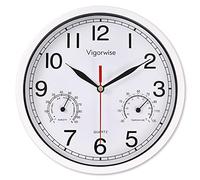 Vigorwise 8 Inch White Wall Clock, Sweep Silent Movement Accurate Clocks with Temperature & Humidity, Decorative for Kitchen/Living Room/Bedroom/Office/School/Classroom