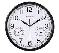 Vigorwise Wall Clock, Sweep Silent Movement Accurate Clocks with Temperature & Humidity, Decorative for Kitchen/Living Room/Bedroom/Office/School/Classroom (Black, 8 inch)