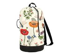 VIGTRO Spring Flowers Dragonflies Large Heavy Duty Laundry Backpack Hamper with Shoulder Strips and Drawstring, Summer Poppies Green Leaves Nylon Waterproof Laundry Bag Durable for Dorm Laundromat