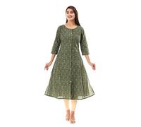 VIHAAN IMPEX Indian Cotton Printed Anarkali Kurti for Women Casual Tunic Top Kurta Dress Traditional Outfit for Ladies (UK, Alpha, L, Regular, Regular, Green)