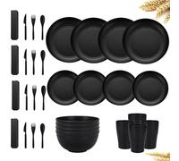 VIHARYEM 32 Pieces Plastic Dinnerware Set, Unbreakable Tableware Sets, Plastic Plates and Bowls Set, Microwave & Dishwasher Safe, Reusable Tableware for Camping, Picnics, and Everyday Use, Black