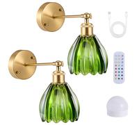 VIHBRAI Rechargeable Wall Light 2 Pieces Vintage Wall Lamps Dimmable with Remote Control, 3 Color Temperatures & 15 Colors,RGB Indoor Wall Sconces with Green Glass Lampshade for Living Room Staircase