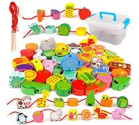 VIHBRAI Wooden Threading Toys Beads Stacking Blocks Learning Set Enhances Cognitive Ability and Fine Motor Skills Sensory Toys Educational Threading Toy for 2-4 Year Old Boys and Girls