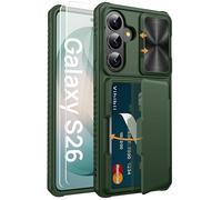 Vihibii for Samsung Galaxy S26 Case with 2 Screen Protectors (Tempered Glass), Card Holder (4 Cards), Slide Camera Cover, Military Grade Drop, Heavy Duty Rugged Hard Wallet Case for Galaxy S 26, Green
