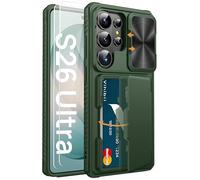 Vihibii for Samsung Galaxy S26 Ultra Case with 2 Screen Protectors (Tempered Glass), Card Holder (4 Cards), Slide Camera Cover, Military Grade Heavy Duty Rugged Phone Case for Galaxy S 26 Ultra, Green