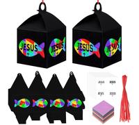 VIHOSE 16 Sets Religious Jesus Fish Craft Box Faith Fish Lanterns Craft Kit DIY Religious Tissue Paper Kit Christian Cross Hanging Ornament Suncatcher for Home, Church, Bible, Sunday