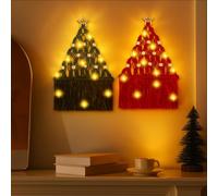 VIHOSE 2 Pcs Christmas Tree Macrame Wall Hanging Boho Christmas Woven Ornament with LED Lights Mounted Decor, 15.6 x 10 Inch Xmas Tapestry Wall Craft Hanging Decoration (Green and Red)