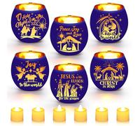 VIHOSE 6 Set Christmas Advent Votive Candle Holders Nativity Scene Blue Glass Tea Light with LED Battery Operated Candles Christmas Table Centerpiece for Home Church Decor Christian Gifts