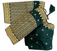 Vihu Fashion Women's Milan Silk Heavy Golden Codding Embroidery Sequins Work Multicoloured Saree Blouse, Green, 38
