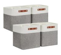VIIHTYISA Fabric Storage Box, 4-Piece Set 25x25x25cm Cube Storage Boxes with Faux Leather Handle for Cube Shelves, Closet, Wardrobes | Grey & White