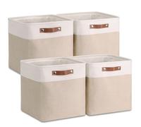 VIIHTYISA Fabric Storage Box, 4-Piece Set 30x30x30cm Cube Storage Boxes with Faux Leather Handle for Cube Shelves, Closet, Wardrobes | Khaki & White