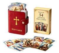 Viilich 54 Pieces Catholic Prayer Card Set with Pocket Leather Holy Card Organiser, Snap Closure Prayer Card Case, Portable Religious Holy Cards for Daily Mass, Bible Study